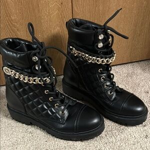 Guess Black and Gold Combat Moto Boots